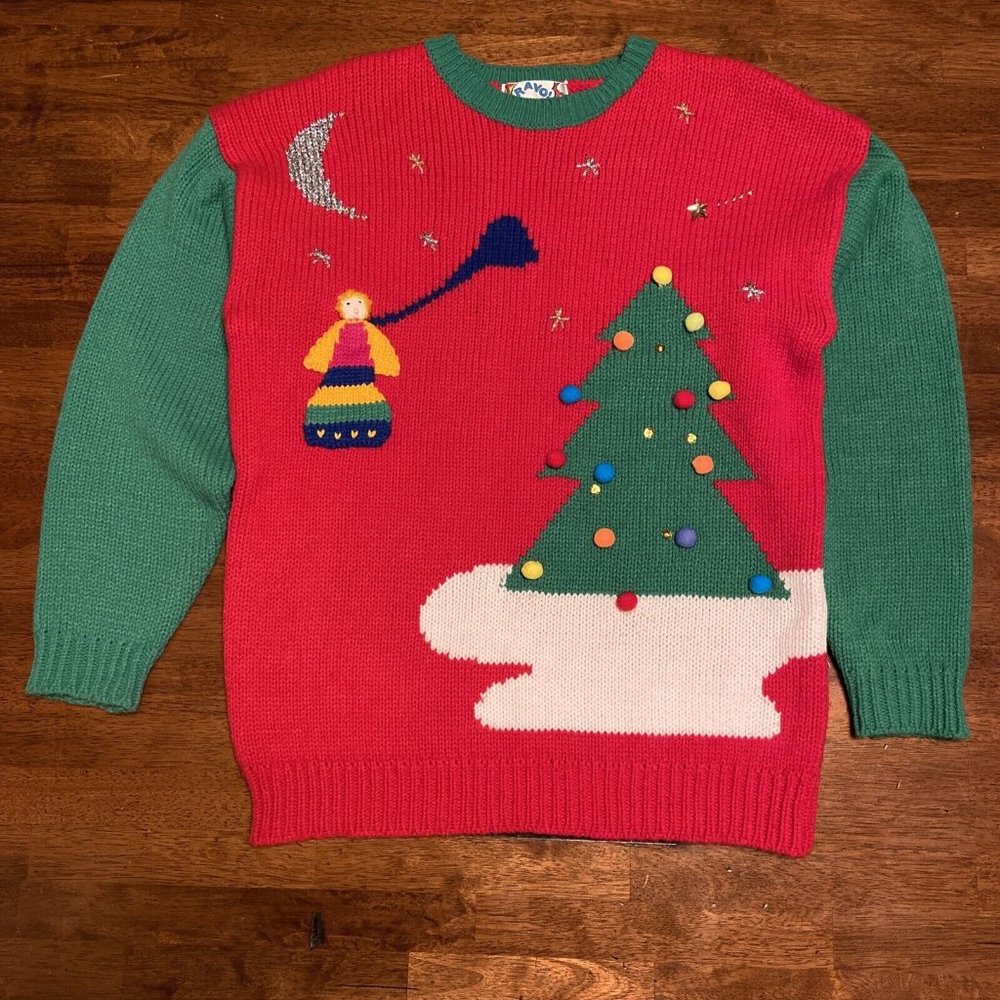 Vintage Bravo Women's Christmas Tree Sweater Embellished Size M Ugly 80s or 90s